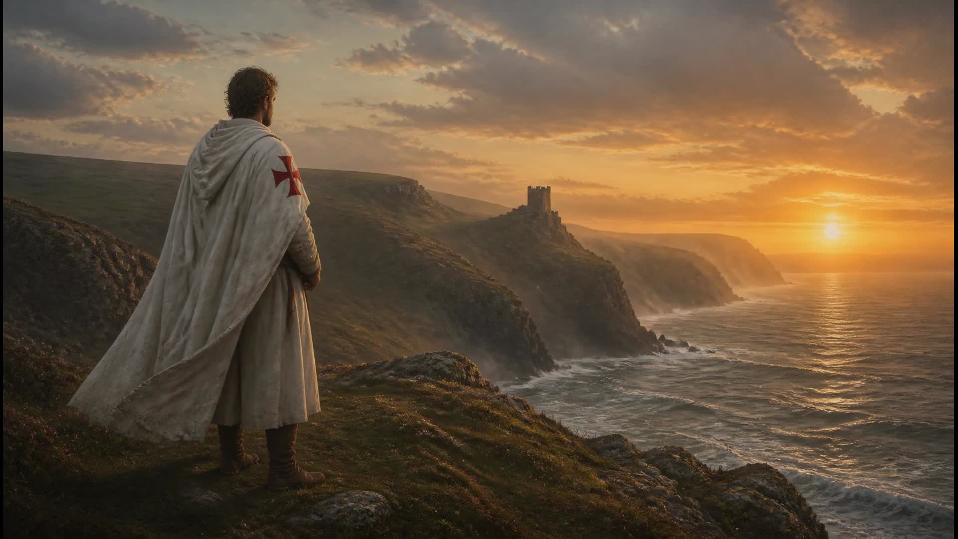 A Knight Templar overlooking the Welsh coast at dusk