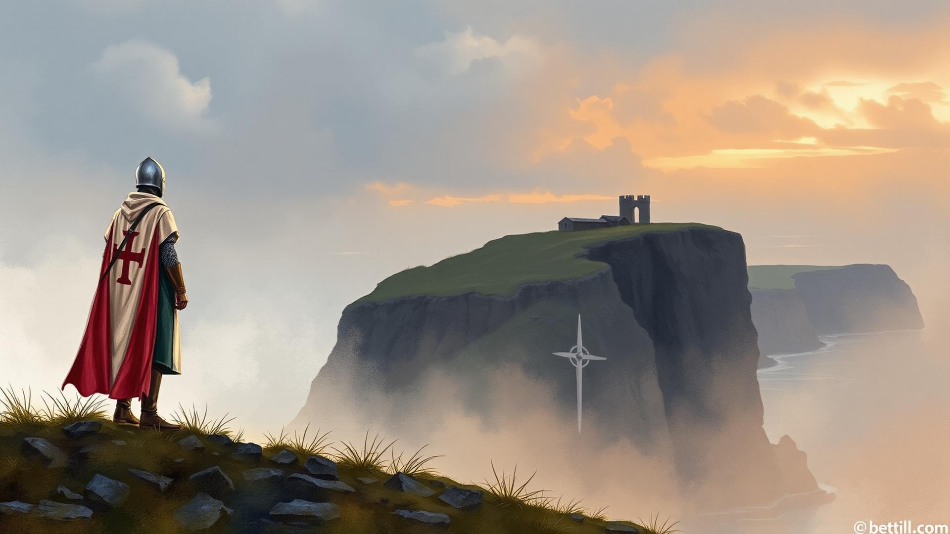 A Knight Templar overlooking the Welsh coast at dusk